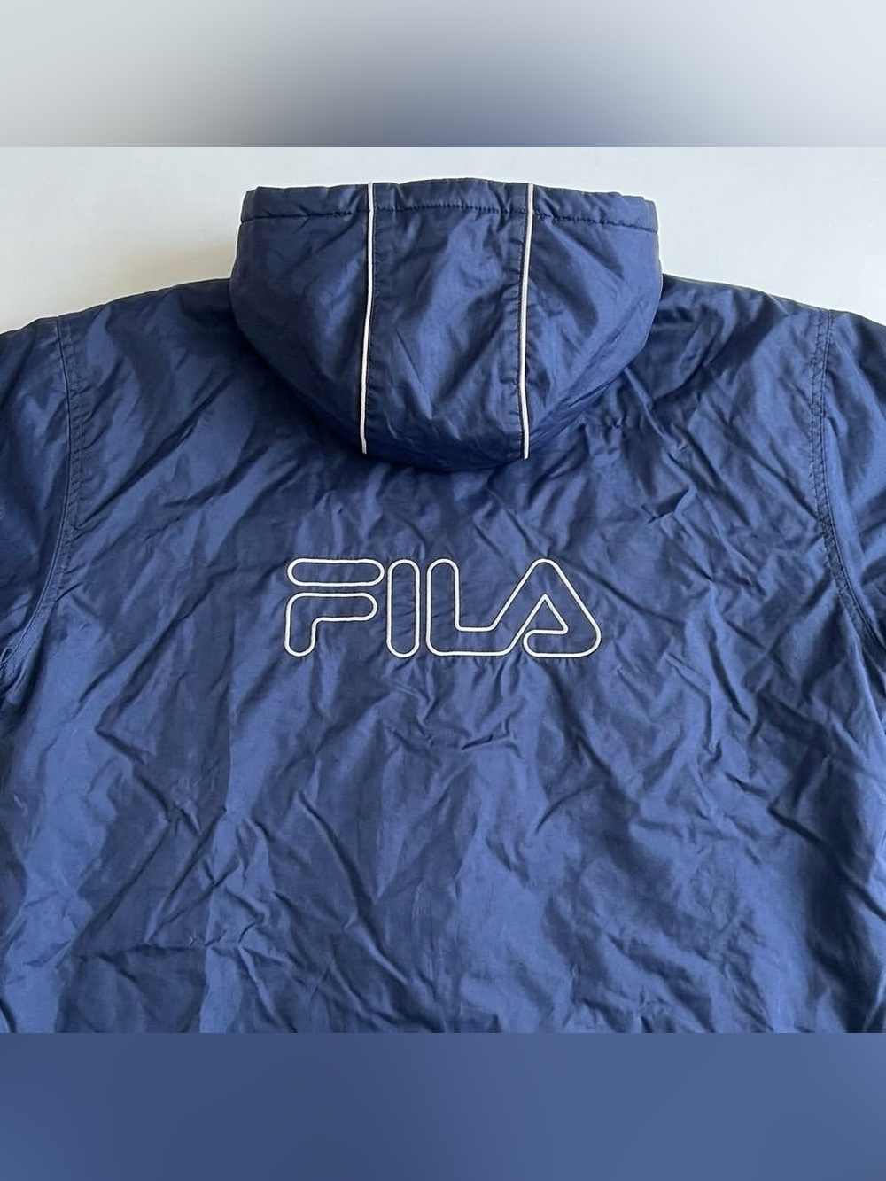 Iconic Vintage FILA Big Spellout Bench Coat Parka Jacket 90s Y2K Gorpcore Blue L